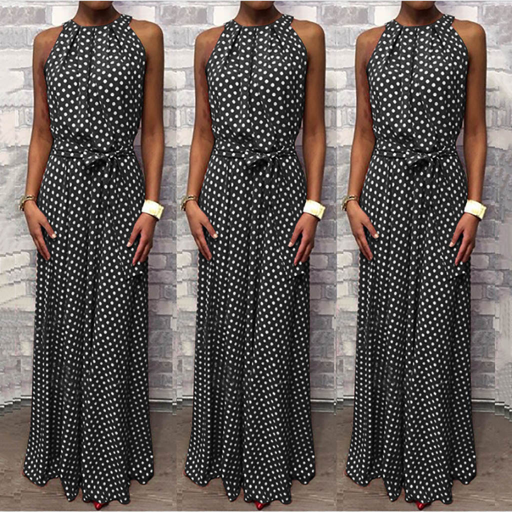 Polka Dot Printed Long Dress Ladies Sleeveless Back Collar Coffee Casual Dress Ladies Summer Beach Party Dress Summer Vestidos T200416