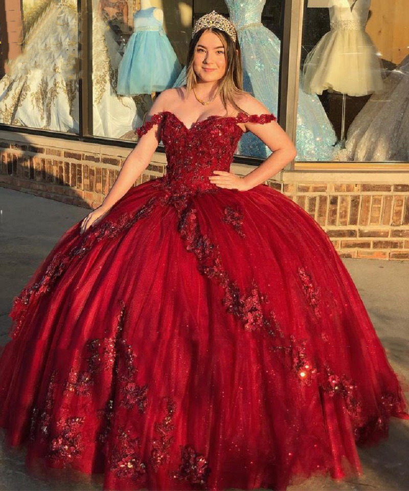 Luxury Burgundy Lace Beads Quinceanera Dresses Ball Gown Sweet 16 Year Princess Dress For Gilrs Off The Shoulder Sleveless Floor length Prom vestidos 