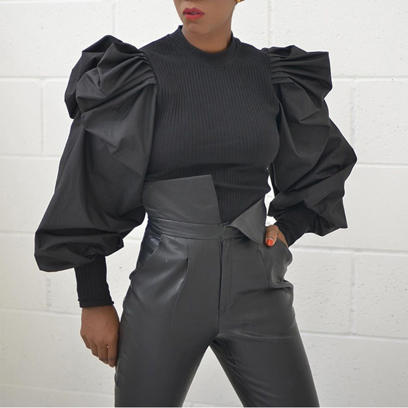 TWOTWINSTYLE White Patchwork Knitted Ruched Women' Sweater O Neck Puff Sleeve Pullover Female Streetwear Autumn Fashion New 201023