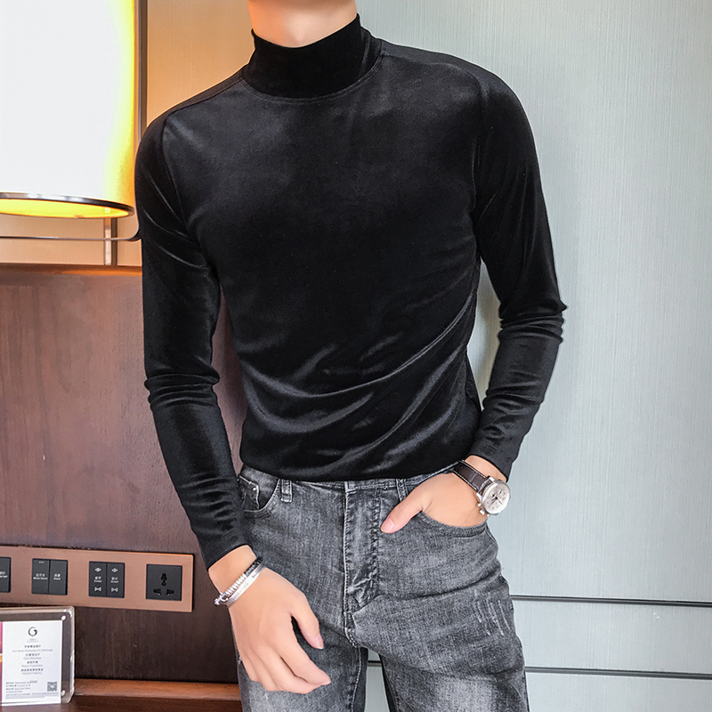 New Autumn Long Sleeve T Shirts Men Fashion Men Clothes Velvet Stretched Turtleneck Slim Fit All Match Solid Men T-Shirts 201203