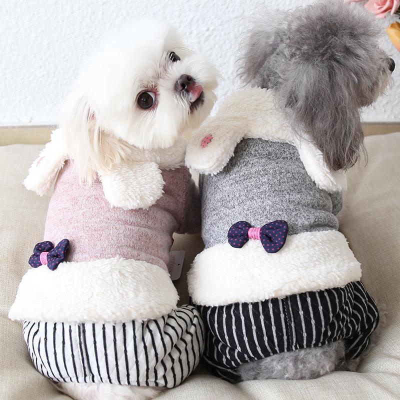 Striped Bow Dog Jumpsuits Bathrobe Pet Dog Clothes Winter Warm Pajamas Thick Coats Clothing For Dogs Cat Yorkie Teddy, Gray