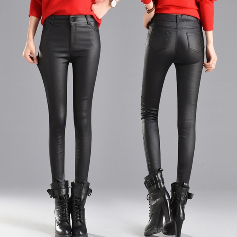 Women Thin Velvet PU Leather Pants New Female Elastic Stretch Faux Leather Skinny Pencil Pant Tight Trouser Autumn Winter 201102