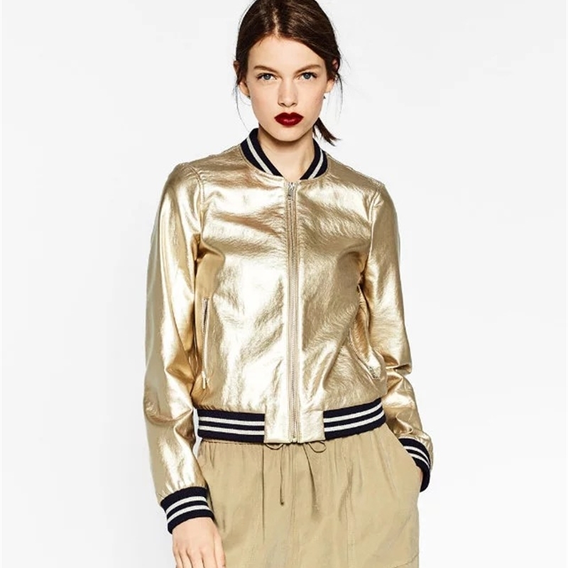 Spring Cool Fashion Gold PU Leather Jacket Female Bomber Coat Stand Collar Striped Patchwork Silver Women's Jackets Streetwear 201021