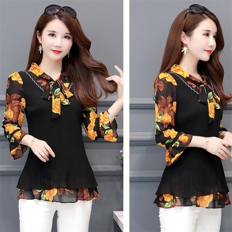 5XL Plus Size Women Blouses Fashion autumn bow collar 3/4 Sleeve FLORAL Shirt Female Casual tops blusas femininas elegante 201201
