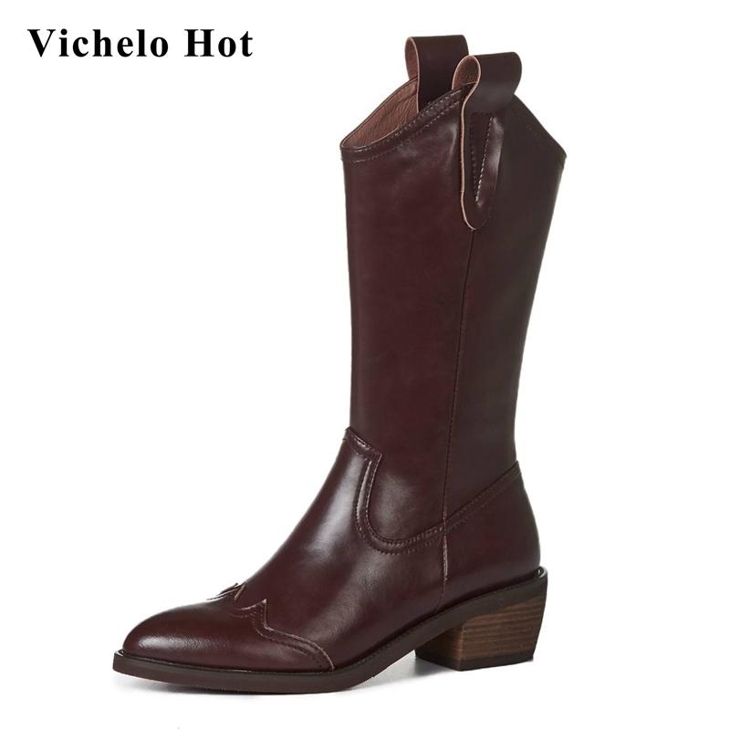 Vichelo Hot large size western boots split leather recommend pointed toe thick high heel zipper elegant lady mid-calf boots L6f1, Black
Vichelo Hot large size western boots split leather recommend pointed toe thick high heel zipper elegant lady mid-calf boots L6f1, Black