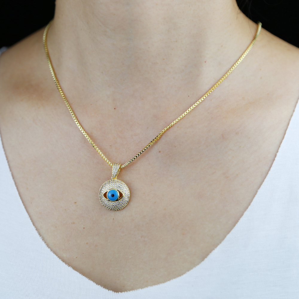 Hip hop Turkish Evil Eye charm necklace Jewelry For Women 5A Cz paved round pendant blue Eye Choker Necklace with box chain
