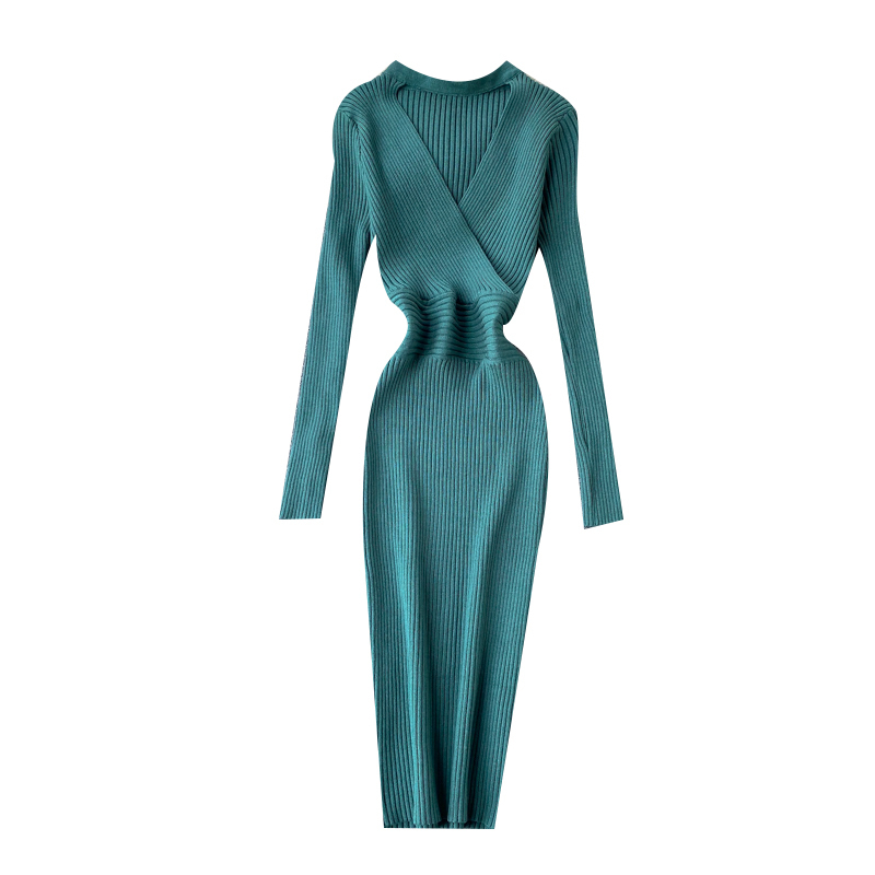Slim Knitted Halter Neck Dress Sexy Hollow Out Knit Sweater Midi Dress Bodycon Party Long Sleeve Winter Women Pencil Dress 201110