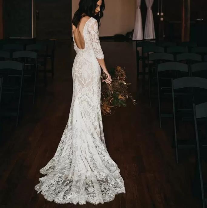 3/4 Long Sleeves Bohemian Wedding Dresses Full Lace V-neck Backless Mermaid Sweep Train Robes de Mariée Beach Country Bridal Gown