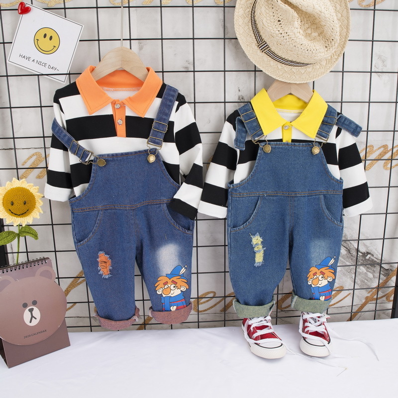 BOY'S Baby New Style Korean-style Children Fold-down Collar Stripes Long-sleeved Sweater Versatile Cowboy Suspender Pants ChildrX1019