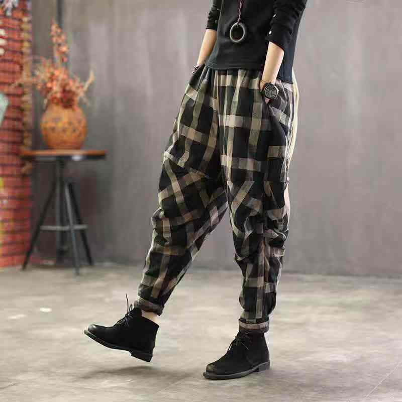 Spring Summer Arts Style Women Elastic Waist Harem Pants Vintage Cotton Linen Plaid Pants Loose Female Trousers Plus Size D414 201109