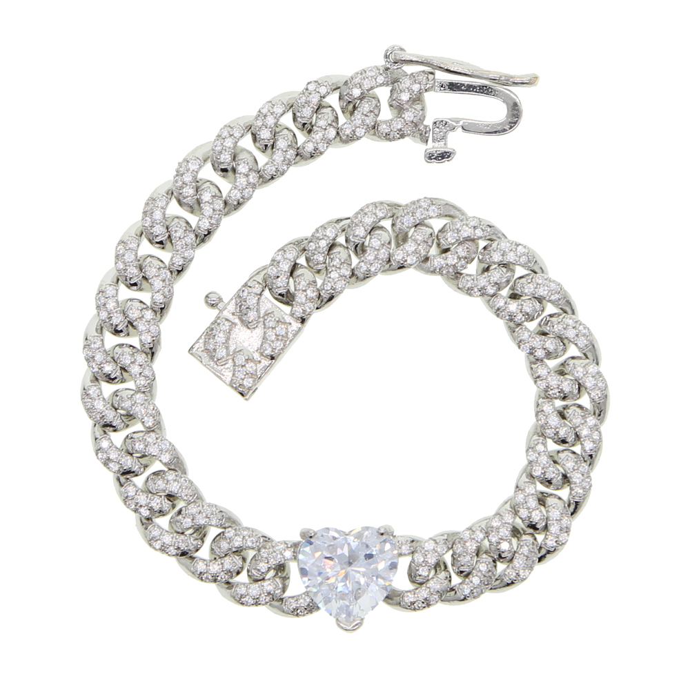 Cuban chain Link Miami Gold color Bracelet white cz paved heart charm Hip Hop Fashion Punk braclet bangle Jewelry for lady women T200423