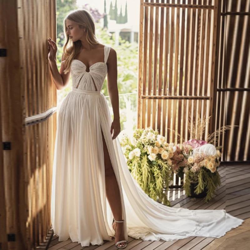 Chiffon Sexy Simple A Line Wedding Dresses Bridal Gowns Boho Beach Spaghetti Straps Pleats High Side Slit Sweep Train Bride Dress Custom Made Robes De