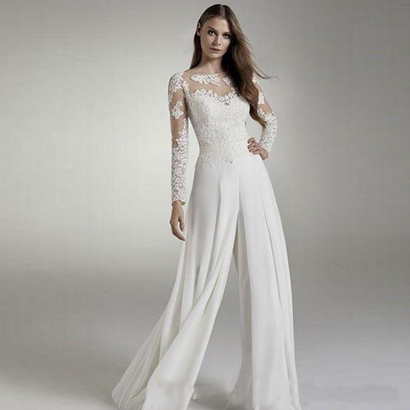 Cheap New Designer Lace Jumpsuits Long Sleeves Jewel Sheer Neck Hollow Back Applique Chiffon Bridal Suits Wedding Reception Dresses