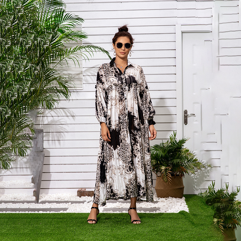 [EWQ] 2020 Summer New Pattern Lapel Long Lantern Sleeve Chiffon Print Patchwork Single Breasted Beach Style Dress Women LJ201202