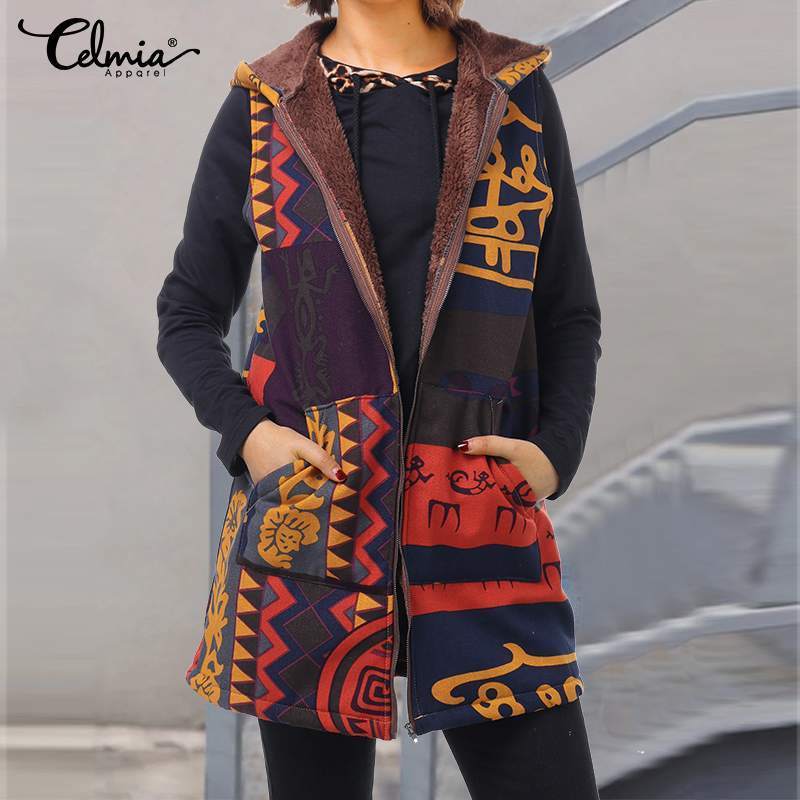 Celmia Women Fluffy Coats Gilet 2019 Winter Ladies Warm Hooded Sleeveless Print Casual Pockets Loose Windbreaker Outwear 7 T200114