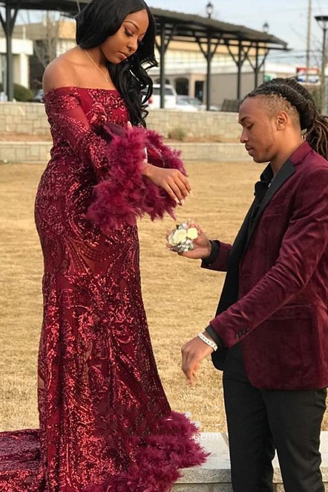 Aso Ebi Sparkly Wine Sequin Feather Hem Prom Dresses Off The Shoulder Long Sleeve Black Girls Evening Gowns Burgundy Glitter Mermaid Special Occasion 