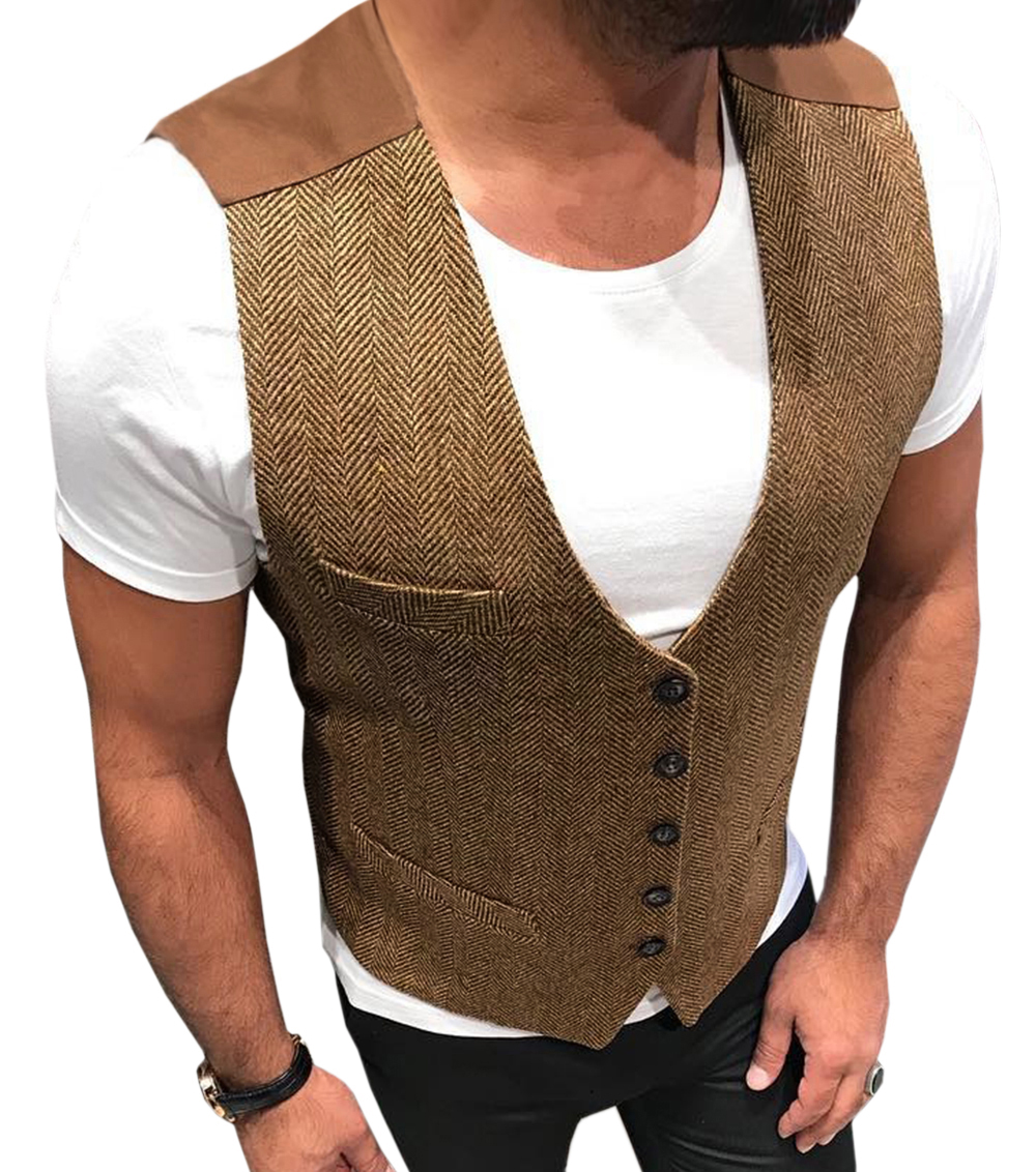 2021 Fashion Wool Groom Vests Wedding Brown Patchwork Herringbone Tweed Groom Vest Slim Fit Mens Business Suit Vest Prom Wedding Waistcoat