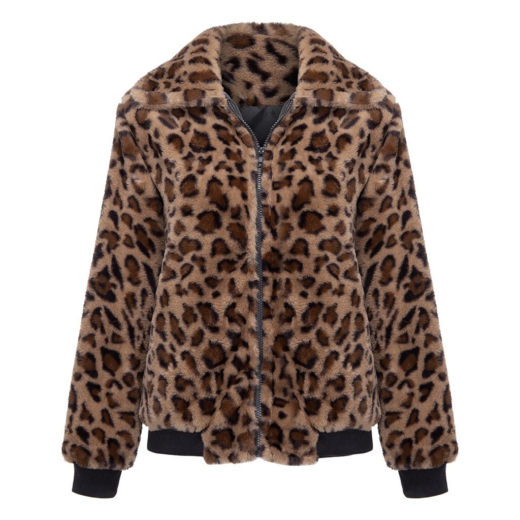 2019 New Sexy Female Jacket Autumn Winter Leopard Jacket Print Fleece Long Sleeves Cardigan Zipper Keep Warm Coat chaqueta mujer T200114
