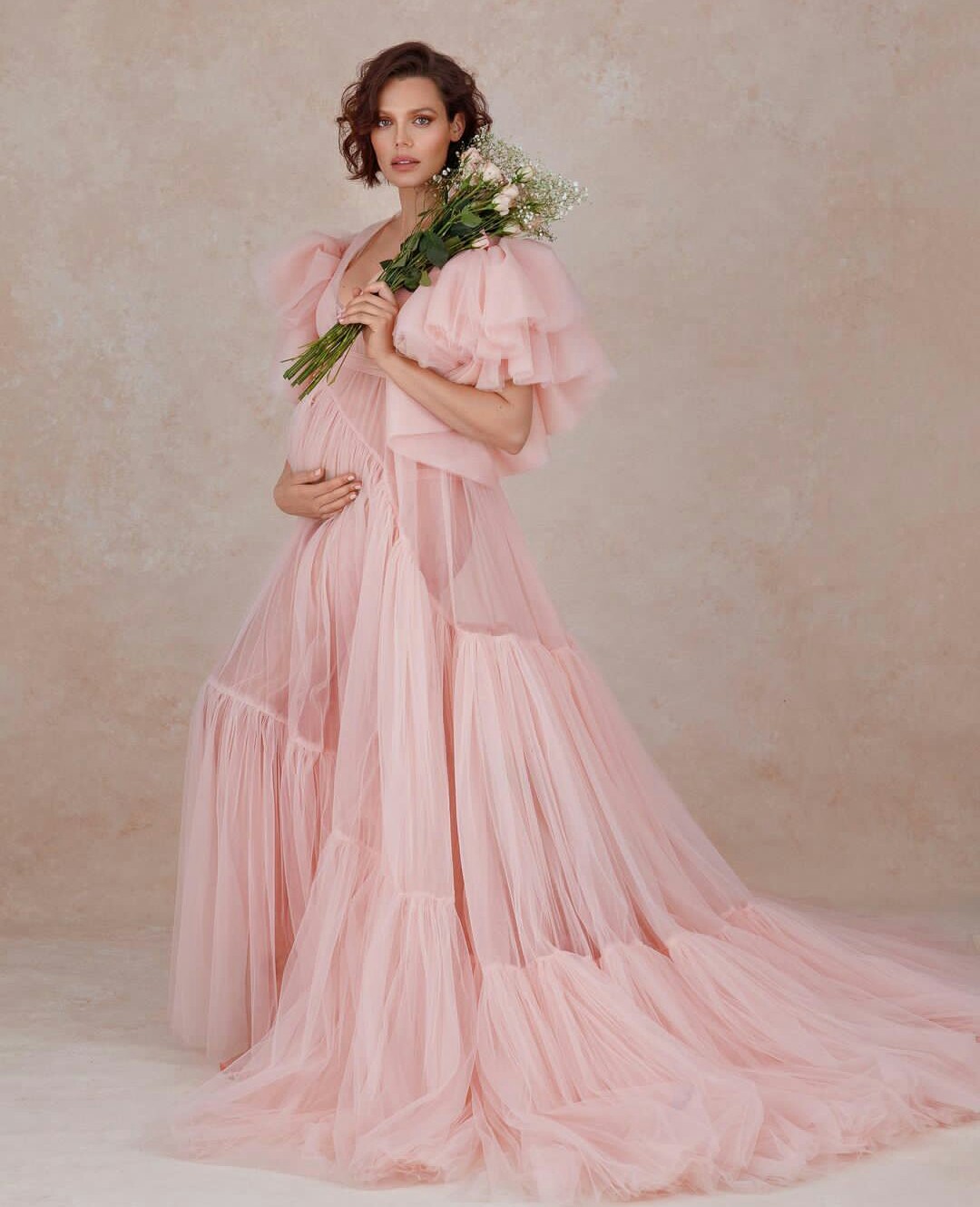Blush Pink Chic Photo Shooting Dress Ruffles Pregnant Women Party Sleepwear For Maternity Shower Nightrobes Custom Made