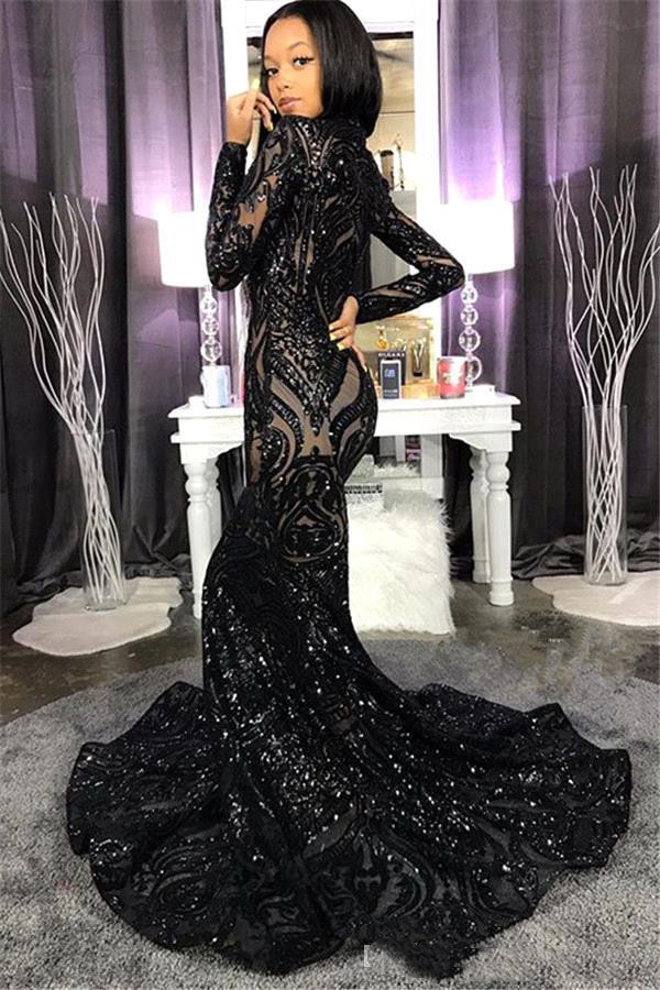 Black Sequins Applique Evening Dresses Sparkly Long Sleeve High Neck African Aso Ebi Mermaid Fishtail Prom Reception Second Birthday Gown