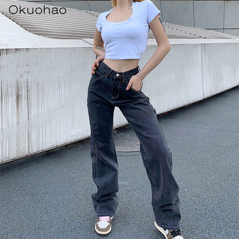 Street High Waist Straight Jeans Women Were Thin And Loose Casual Wide Leg Pants Fashion Boyfriend Style Denim Girlfriend Pants 201029