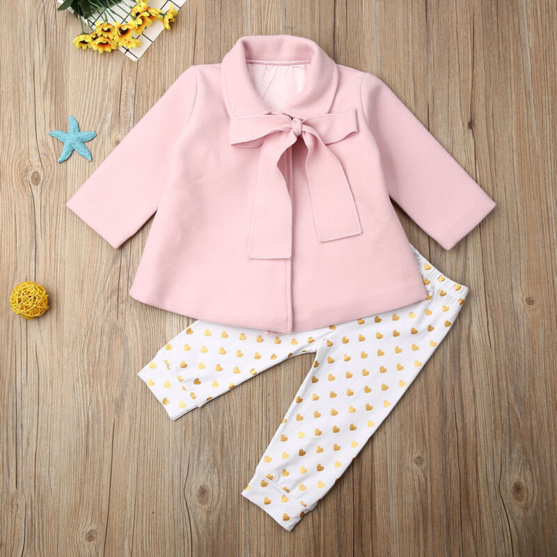 Autumn Winter Kid Baby Girls Bow Wool Overcoat Outwear Clothes 2Pcs Coat+ Pants1-5YX1019