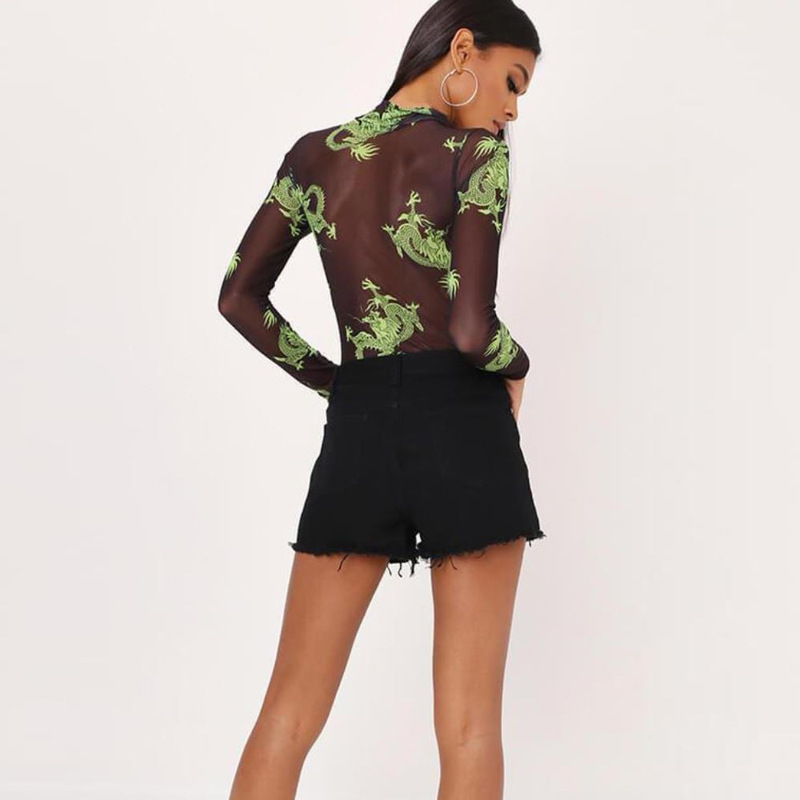 Dragon Print Black Sheer Mesh Bodysuit Long Sleeve T Shirt Tops Sexy Body Suits for Women Streetwear Fall 201007
