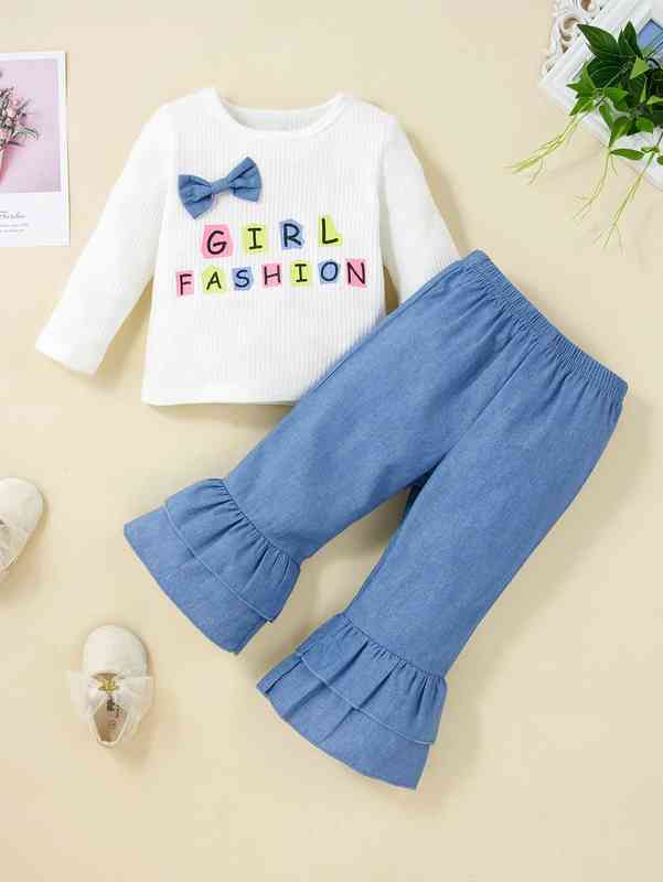 Baby Letter Graphic Bow Tee & Flare Leg Jeans SHE