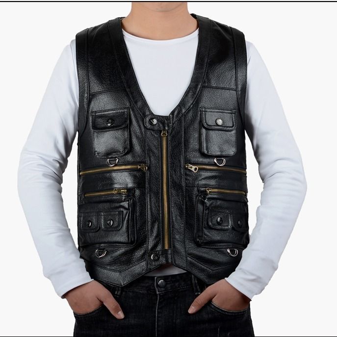 Cowhide Genuine Leather Vest Men Brown Waistcoat Male Sleeveless Jacket Thick High Quality Motorcycle Vest Multi Pocket Zipper 201120