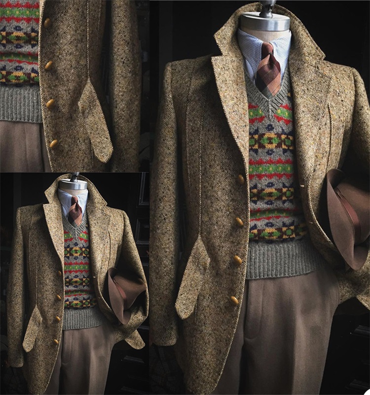 Handsome British Style Mens Suits Woolen Harringbone Lapel Fit Bridegroom Formal Wear For Best Mens Long Coat Newest Custom Made