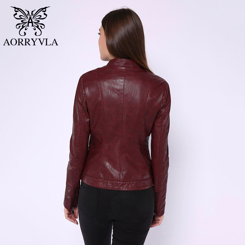 AORRYVLA New Autumn Women's Leather Jacket Slim Black PU Faux Leather Coats Mandarin Collar Motor Biker Jacket With Belt 201226