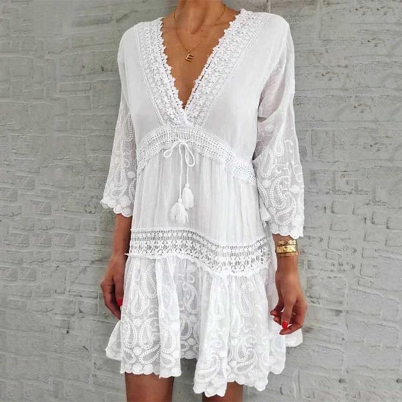 Casual Dresses Summer Dress Women Sexy Ral Lace Hollow Beachwear Comfortable Breathable Small Fresh Lady Beach Woman Clothing