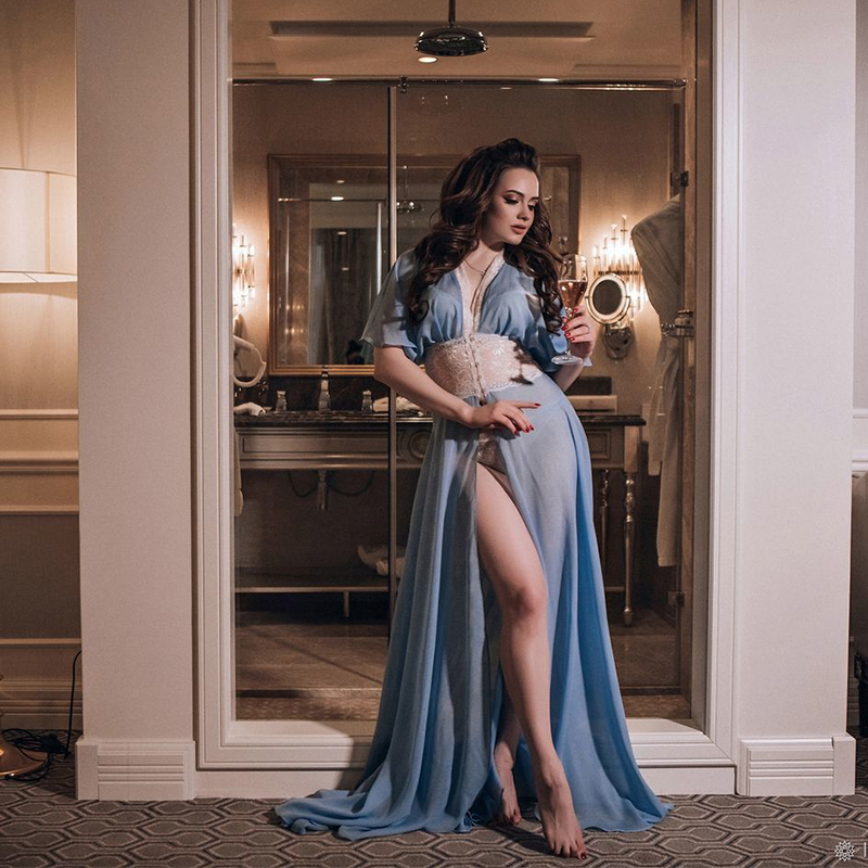 Pale Blue Long Bridal Sleepwear Robes Sexy Lace Short Sleeve Kimono Party Nightgowns Women Bathrobe Shawl