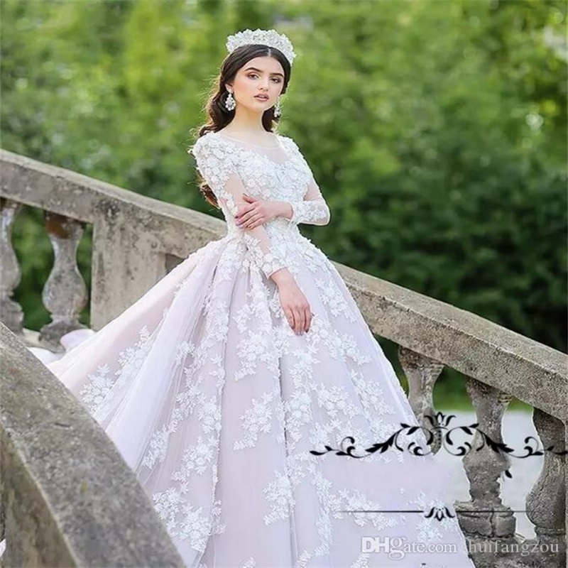 Real Image Princess Ball Gown Wedding Dress Long Sleeve Sheer Neck Lace 3D Floral Appliques Tulle Bridal Gowns Sweep Train Vestidos De Novia