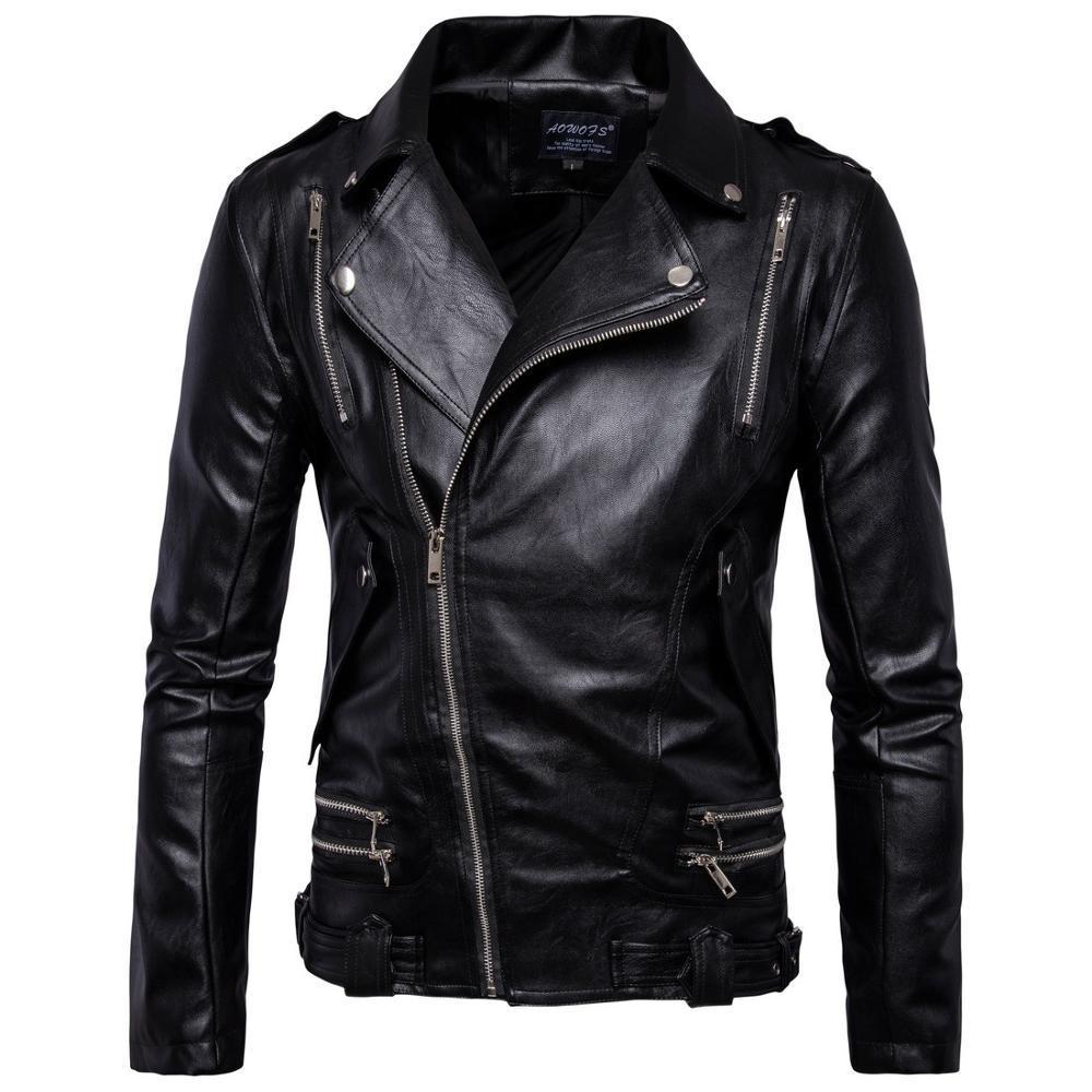 AKSR New Men's Leather Jacket Lapel Multi-Zipper Punk Style Casual Slim Coat Motorcycle Leather Faux Fur PU Jacket Hot M-5XL 201120