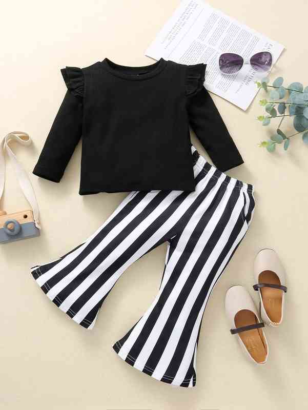 Baby Girl Ruffle Trim Tee & Stripe Flare Leg Pants SHE