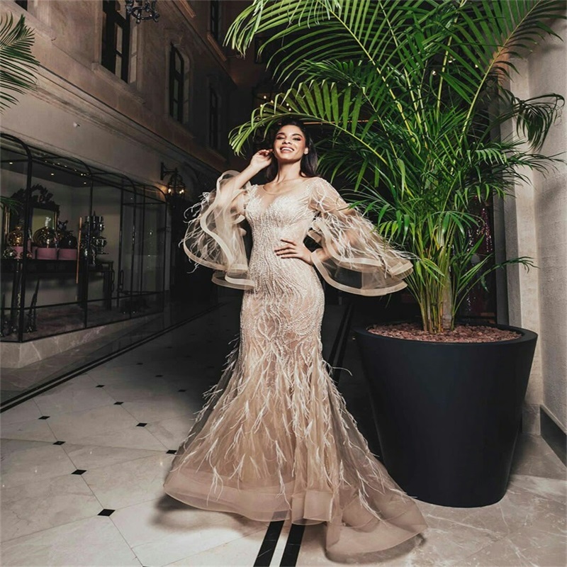 Real Image Evening Dresses Luxury Feather Lace Appliqued Mermaid Prom Dresses Long Sleeves Ruffles Custom Made Formal Pageant Gown Chic