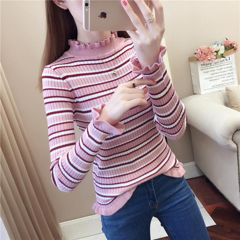 2020 Autumn Winter Women turtleneck Frill Edge Rib Knitted Pull striped Sweater Femme Jumper Stretchable Pullover Pink Clothes, Blue
2020 Autumn Winter Women turtleneck Frill Edge Rib Knitted Pull striped Sweater Femme Jumper Stretchable Pullover Pink Clothes, Blue