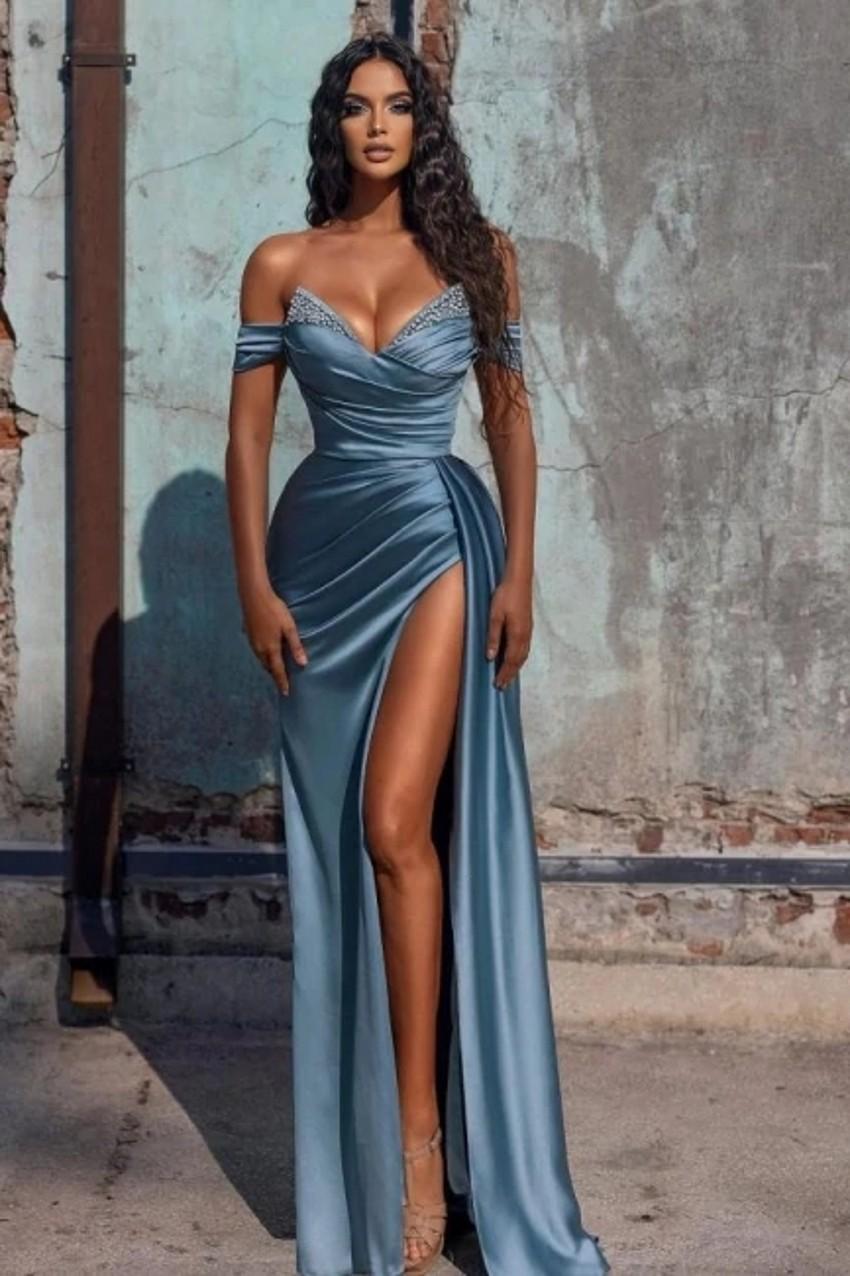 Custom Made Off Shoulder A line Prom Dresses with Detachable Tail Sexy Crystal Split Side High Sexy Evening Gowns