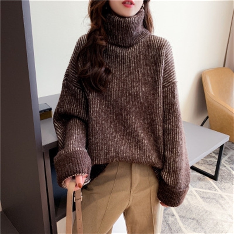 H.SA Women High Turtleneck Green Sweater and Jumpers Long Sleeve Solid Oversized Pullovers Thick Winter Knitwear Korean 201201