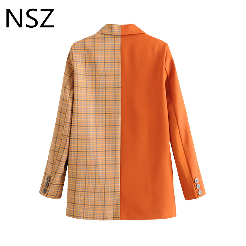 NSZ Women Checked Blazer Plaid Jacket Female Patchwork Long Sleeve Office Work Elegant Outerwear Business Suit Coat Blaser Mujer T200319