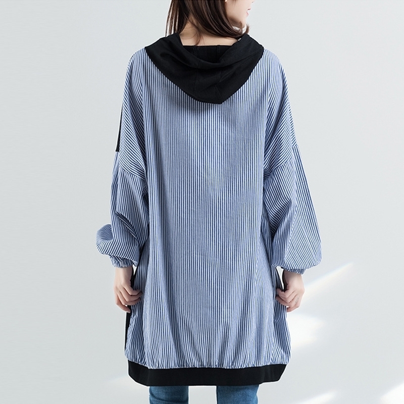 Johnature Spring Plus Stripe Splicing Hooded Collar Hoodies Casual Korean Women Clothes Pullover Long Sweatershirts 201203