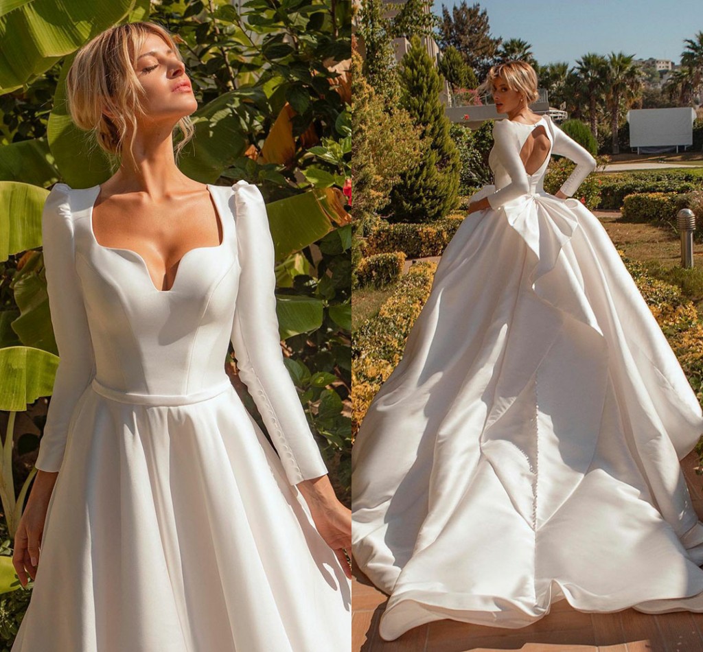 Modern Africa Wedding Dress New 2022 Long Sleeves Satin Princess Bride Dresses Queen Anna Neck Backless Bridal Gowns Vestidos de Noiva Robe Mariage