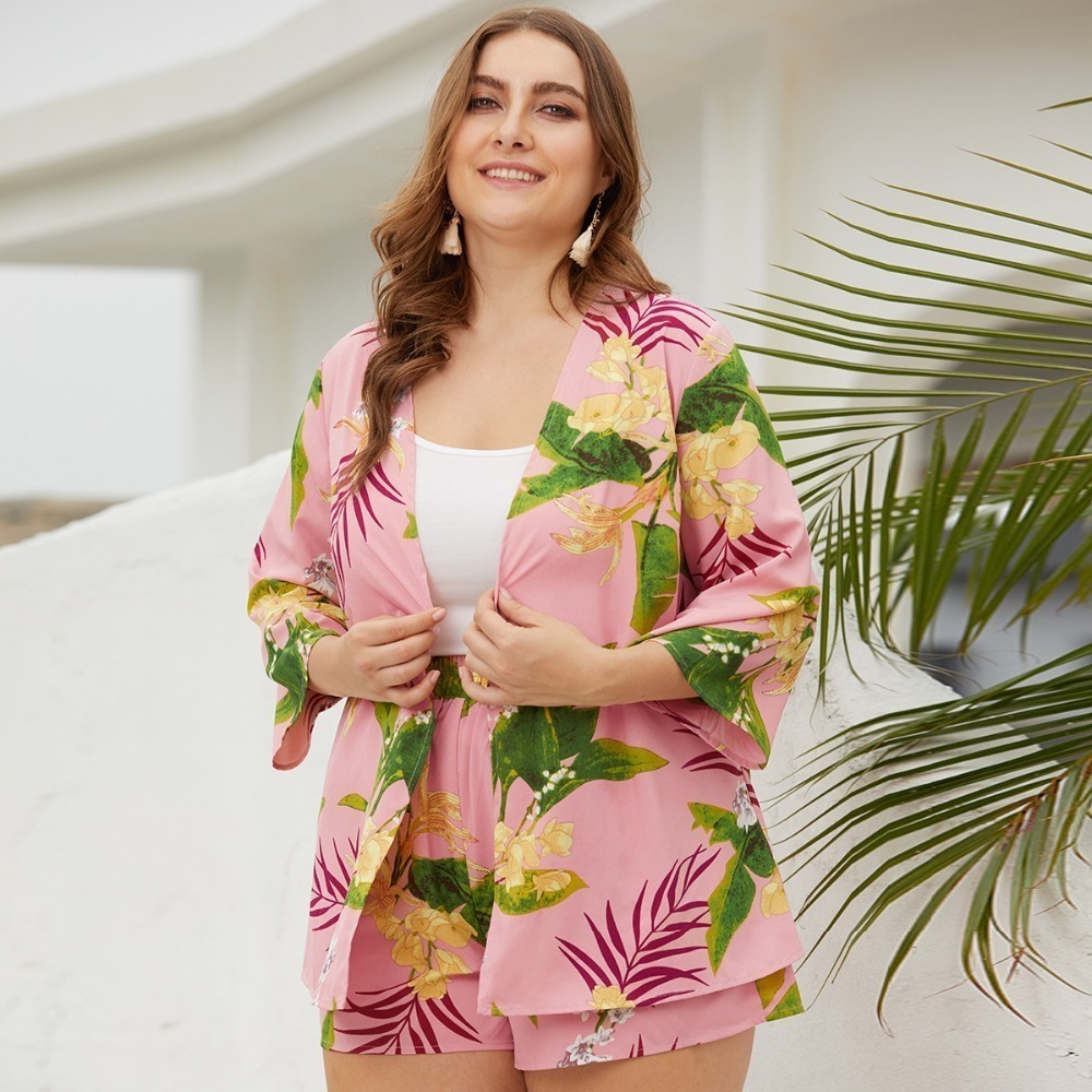 WHZHM Summer Flower Plus Size 3XL 4XL Sets Beach Women Long Sleeve Casual Printed Pink Set Women Two Pcs Floral Tops and Shorts T200325