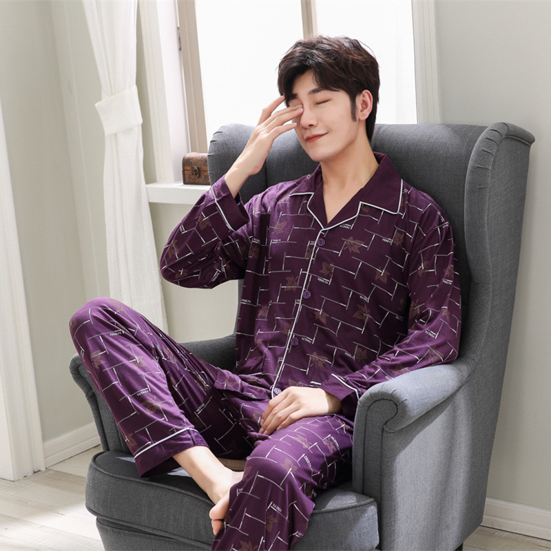 Spring Knitted Mens Pajama Set Cardigan Fold-down Collar Middle-aged Tracksuit Autumn MEN'S Wear Long Sleeve Pajamas 201109
