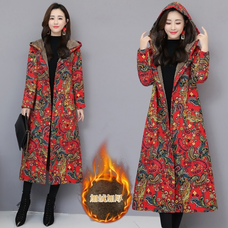Women's Down Parkas Chinese Red Floral Women Winter Long Jacket Vintage fleece lining Padded Winter Coat Female Blue Flower Parka Ladies Windbrea