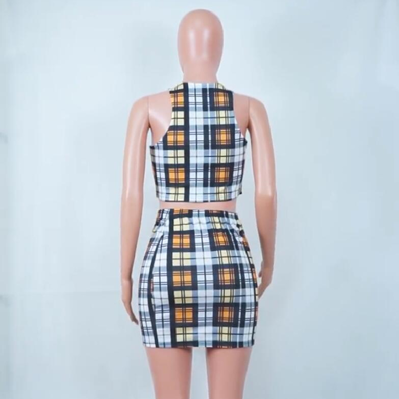 ANJAMANOR Yellow Plaid Print Sexy 2 Piece Set Womens Summer Matching Sets Club Outfits Crop Top and Skirt Short Suit D37-BF16 210204