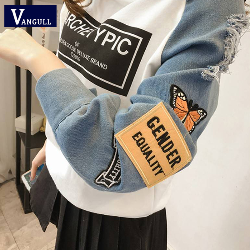 Vangull Harajuku Sweatshirt Women Letter Print Patch Women Hoodies Autumn New Hole Long Sleeve Drawstring Splice Pullovers 201007