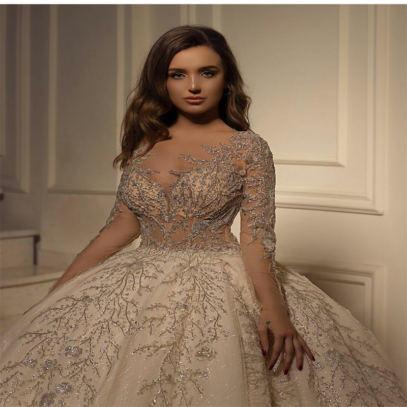 Luxury Ball Gown Wedding Dresses Arabic Dubai Glitter Crystal Sequins Beads Appliqued Lace Bridal Gowns Chic Long Sleeves Vestidos De Novia