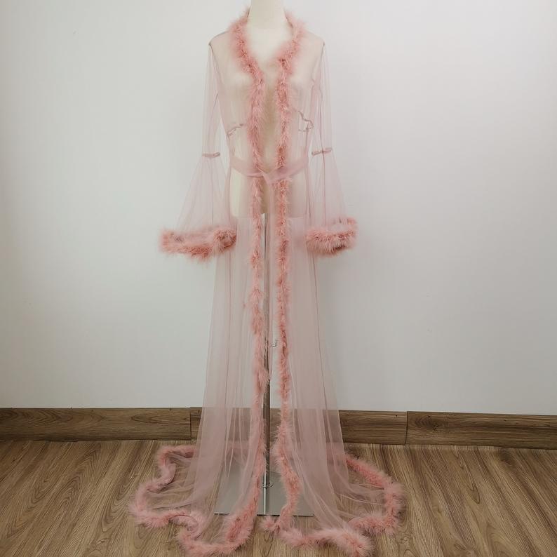 Pink Ruffles Women Winter Luxury Fur Feather Kimono Pregnant Party Sleepwear Full Sleeves Maternity Photoshoot Dress For baby Shower